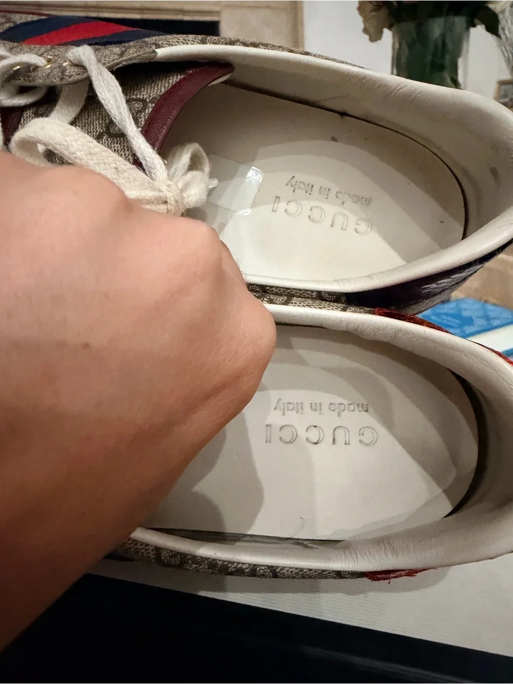 Gucci Beige GG Canvas Sneakers with Red & Navy Web and Red Sole